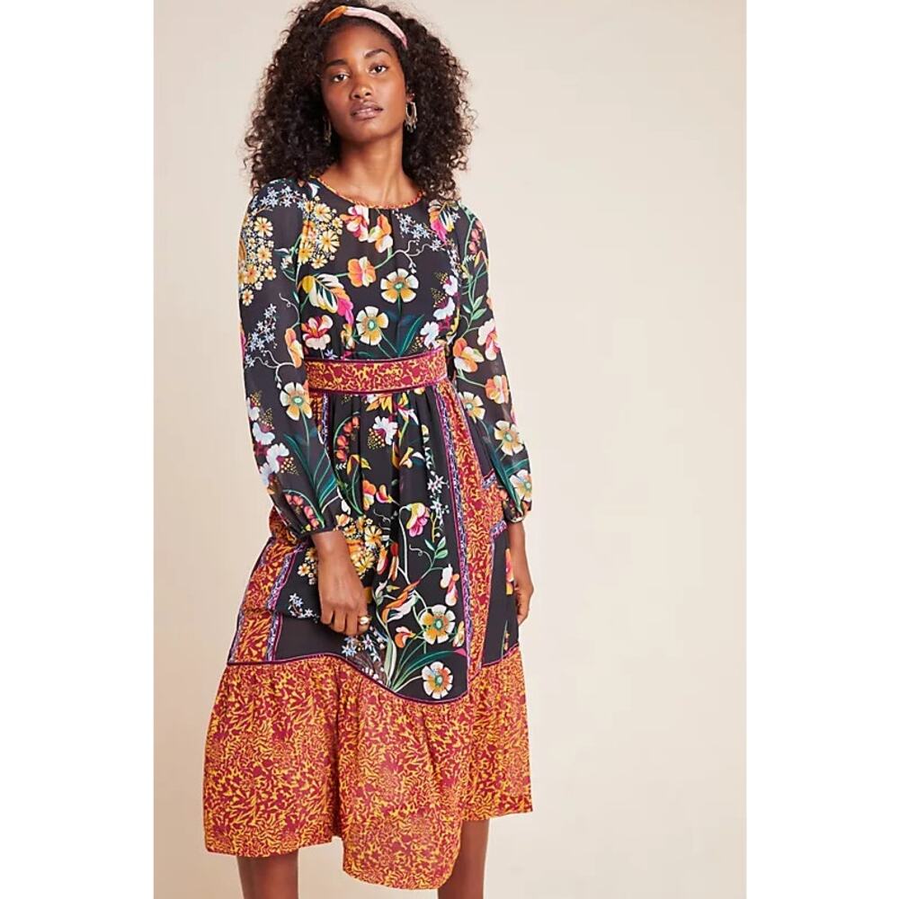 Anthropologie Adair Velvet Trimmed Midi Dress Boho Floral Vibrant Size US 4 $198